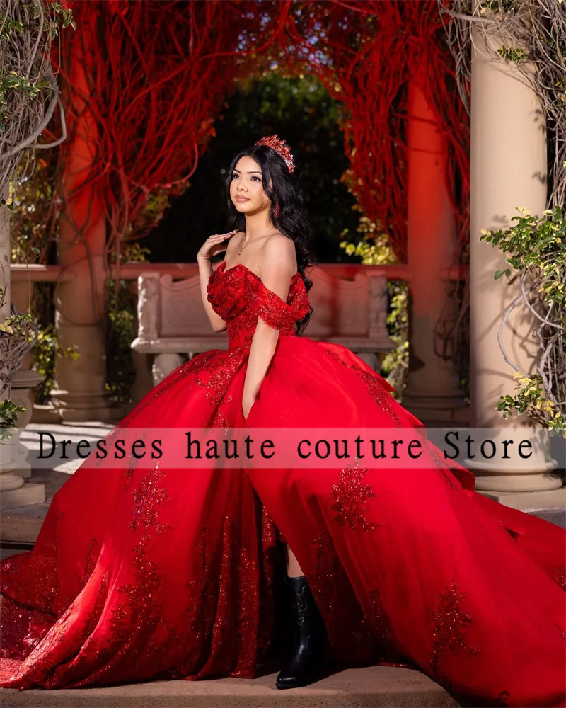 Customized Mexican Red Lace Appliques Quinceanera Dress Ball Gown 2025 With Bow Beading Corset Sweet 16 Dress Vestido De 15 Anos