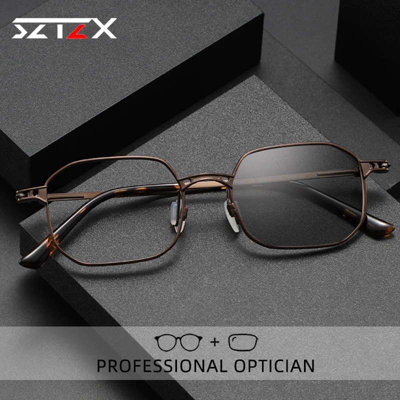 

SZTZX New Design Photochromic Reading Glasses Men Ultralight Anti Polygon Blue Light Myopia Optical Custom Prescription Glasses