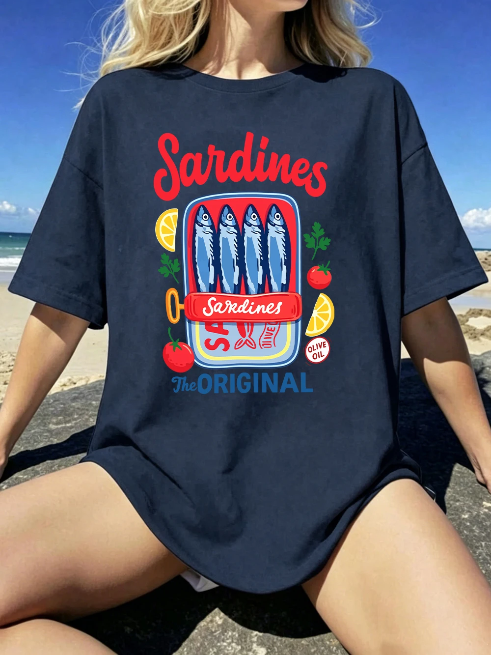 Vintage Sardines Can Prints T-Shirts Cotton Womens Summer Short Sleeve T Shirt Basic Soft Oversized Tops Casual O-Neck Clothes
