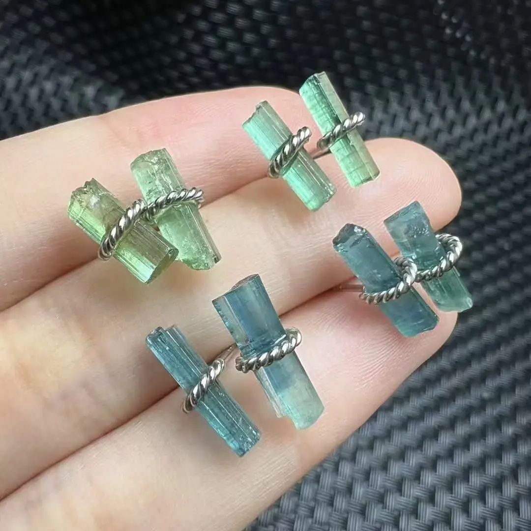 Unit One Pair 925 Silver Inlay Natural Tourmaline Crystal Rough Gemstone Earrings for Jewelry Gift