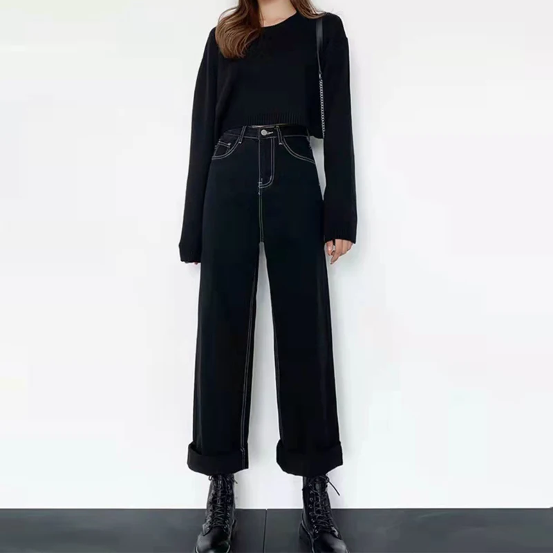 

High Waist Fleece Jeans for Women Winter Fleece Warm Denim Pants Black 2023 Vintage New Straight Full Length Baggy Jean
