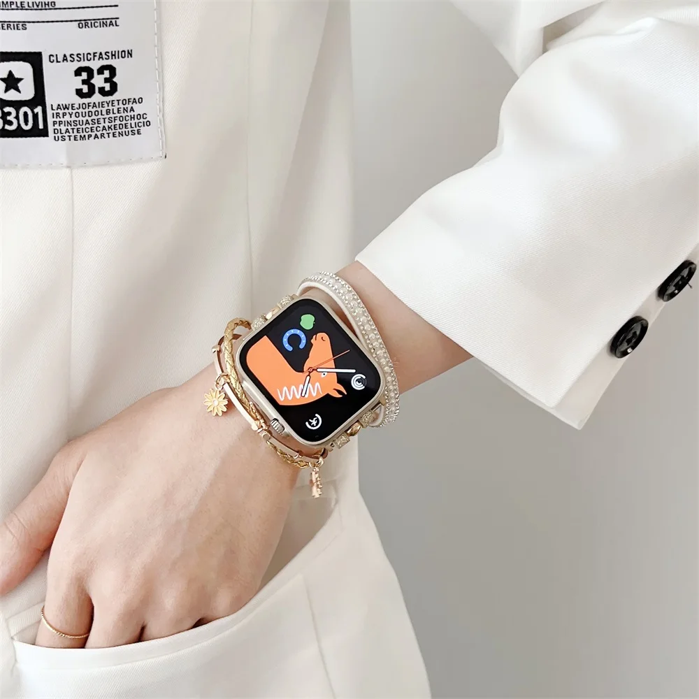المعادن الصلب سوار الحلي الماس حزام ل Iwatch سلسلة 7 6 se 5 4 3 38 مللي متر 40 مللي متر 42 مللي متر 44 مللي متر ل سوار ساعة أبل سلسلة امرأة