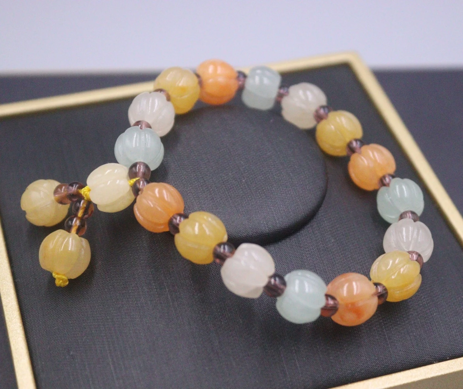 Natural Colorful Jade Lucky Men Women Gift 10mm Width Carved Pumpkin Beaded Bracelet