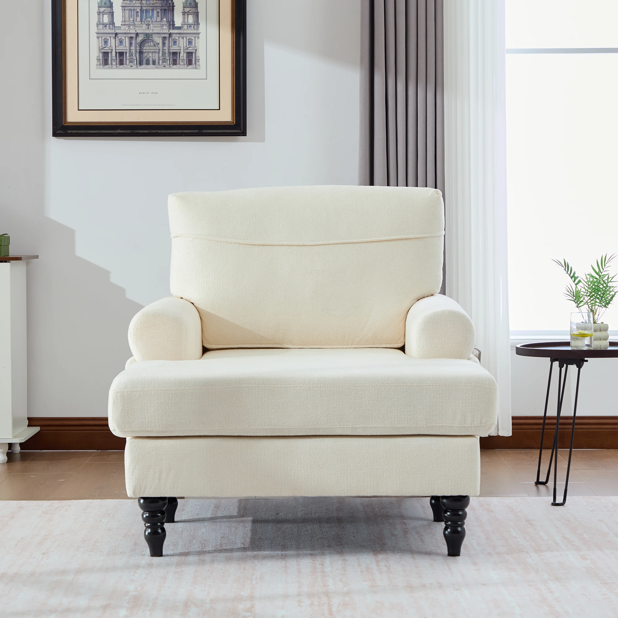 Moderner minimalistischer Samt-Loungesessel, Schlafzimmer-Einzelsofa mit Holzbeinen, bequemer Rückenlehne und Armlehnen – Detail 19