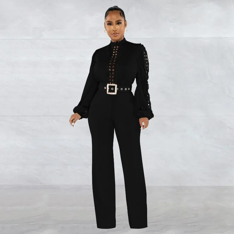 

GUWU Элегантный вязаный крючком кружевной топ с акцентом и золотой пряжкой, пояс OL, женские комбинезоны с длинными рукавами и широкими штанинами, наряд для ночного клуба