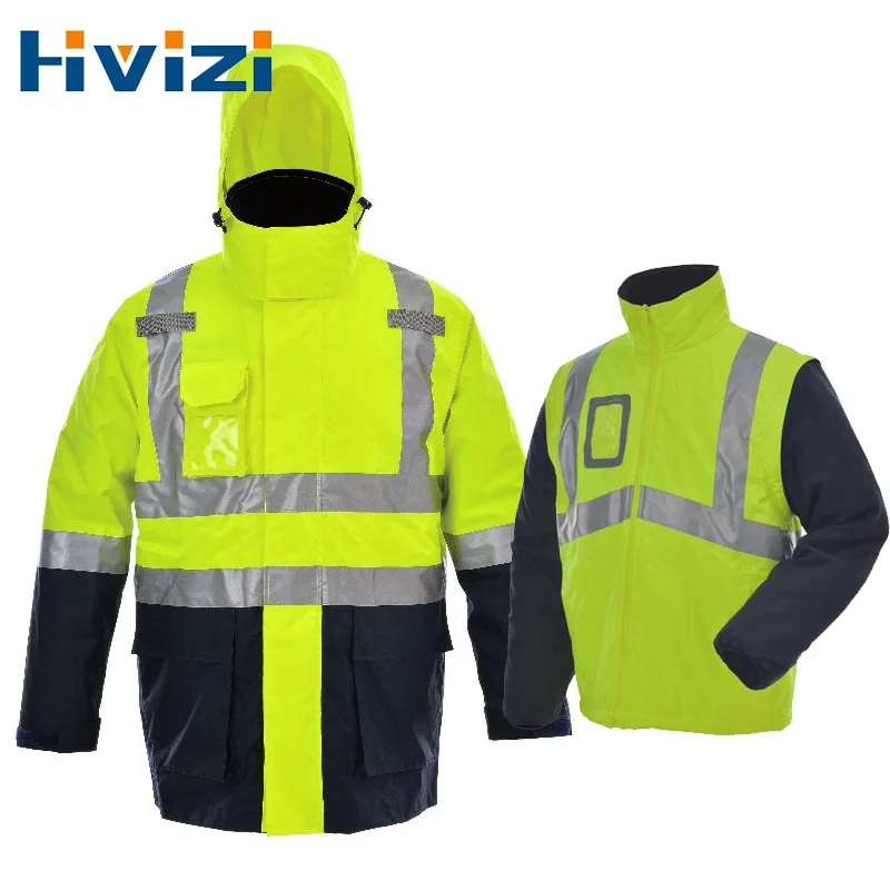 High Visibility Men's Work Reflective Winter Jacket Men's Warm Jacket with Detachable Cotton Linner Thermal Waterproof Rainproof