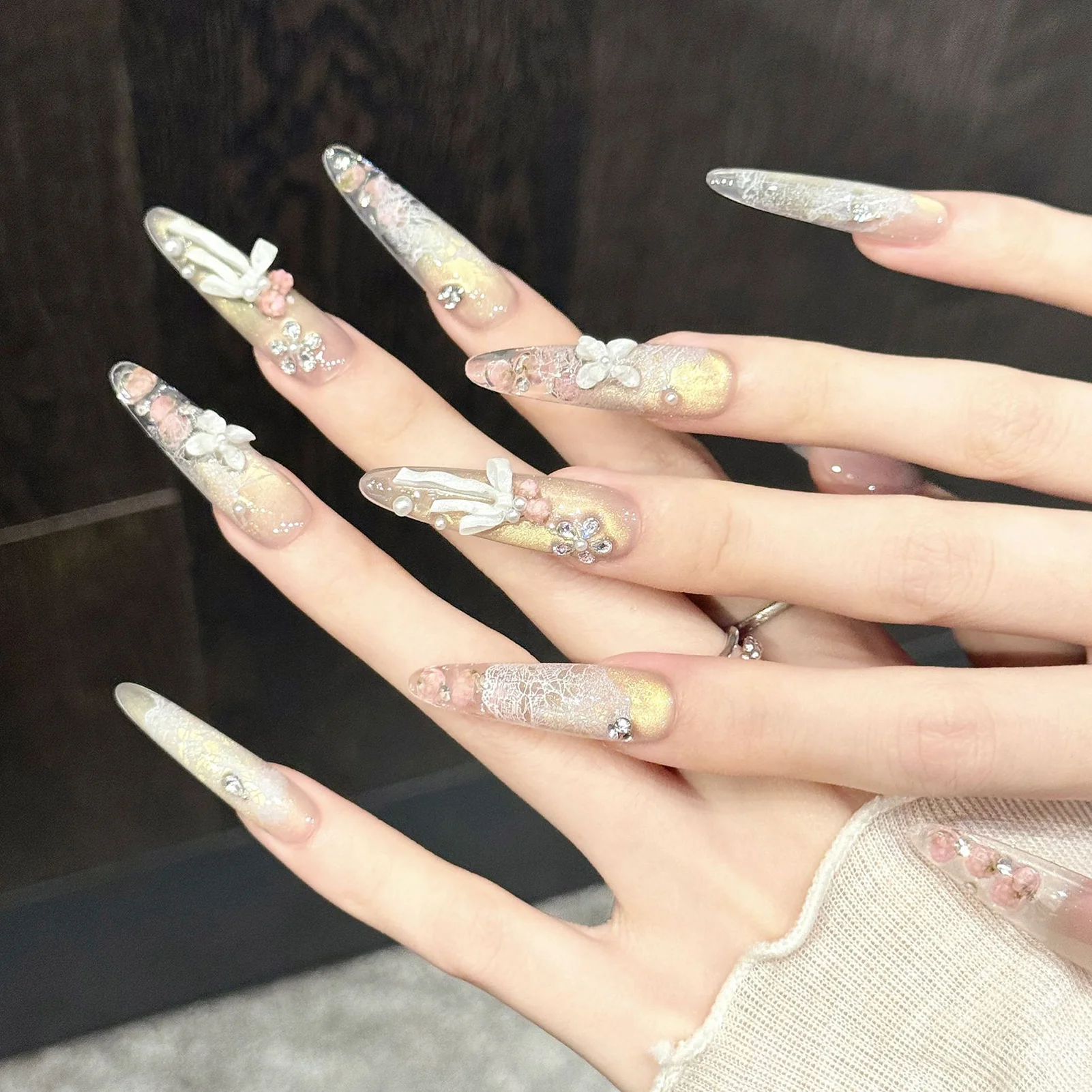 

10pcs DIY Handmade Artificial Nails with 3D Flower Lace Bowknot Zironc Press On Nails Elegant Long False Nail For Women Wedding