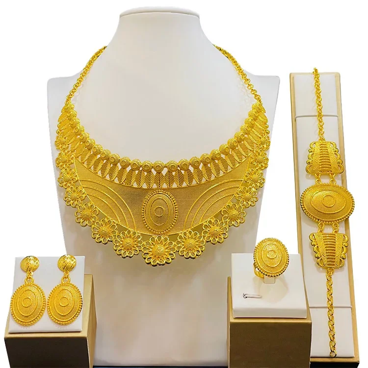 Womens Ethiopian 24K Gold Plated Jewelry Set Bridal Dubai Jewellery Wedding Brazilian Eritrean African Earring Necklaces Set