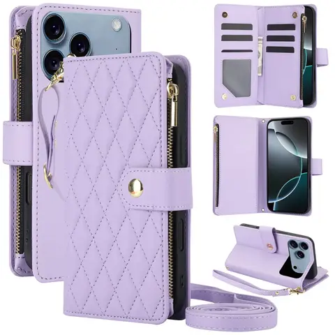 Funda tipo billetera para iPhone 17 Pro Max Air, funda cruzada ajustable con cremallera, tarjetero con soporte, funda tipo libro con tapa