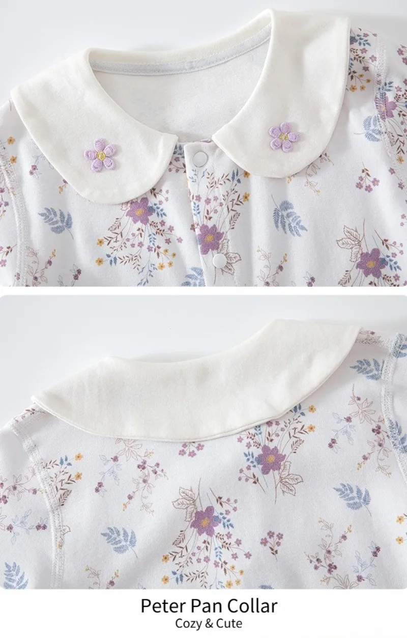 Frühlings-Herbst-Baby-Strampler aus weicher Baumwolle mit langen Ärmeln und Peter-Pan-Kragen, atmungsaktiver Blumen-Jumpsuit für Neugeborene von 0-18 Monaten. – Detail 7