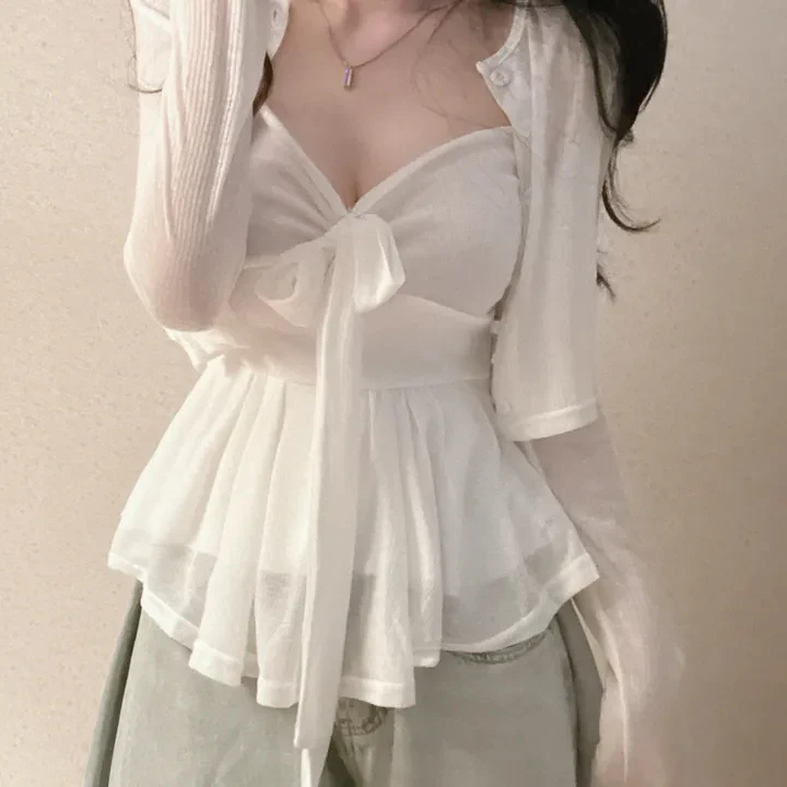 2 pezzi set autunno primavera 2026 volant francese stile chic scollo a V canotta + cardigan a maniche lunghe camicetta allentata capispalla femminile (hg7280