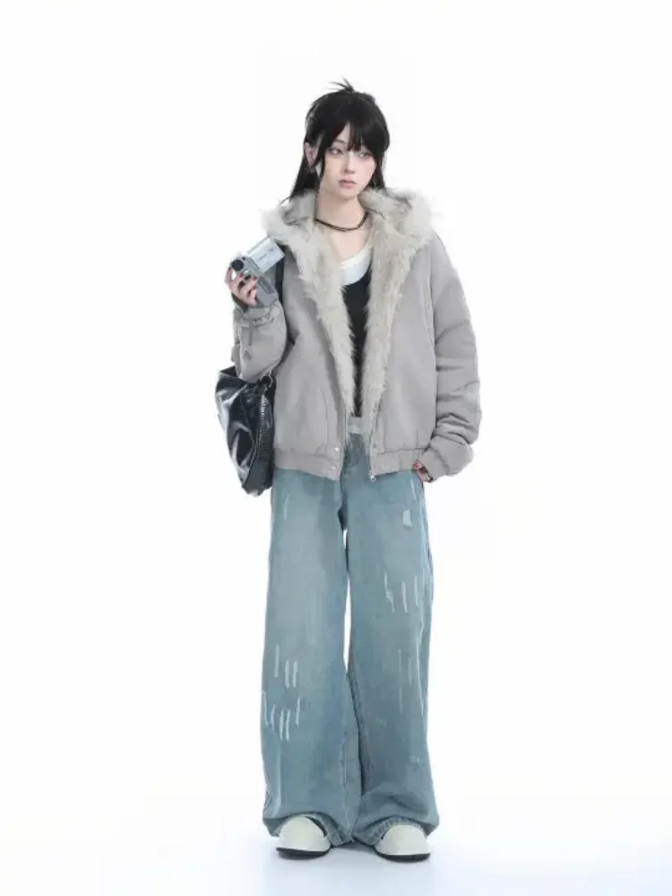 Amerykańska kurtka z kapturem i futrzanym kołnierzem w stylu retro, pikantna i modna, zimowa, bawełniana, w stylu Y2K Harajuku, damska, gruba i pluszowa, ciepła bluza.