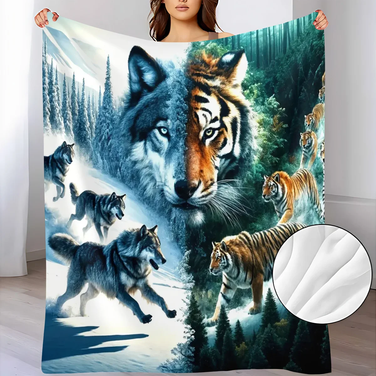 Wolf and Tiger Pattern Flannel Small Throw Blanket, a Soft and Warm Blanket Suitable for Sofas, Home Leisure, Air Conditioning,
