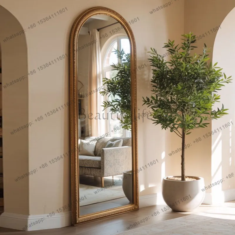 Household new Chinese arched floor mirror antique carved living room fitting mirror