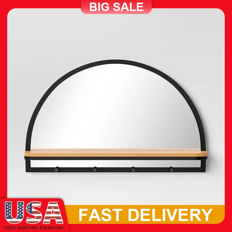 24 Inch Arch Wall Mirror with Shelf Hooks Entryway Bathroom Decor Wooden Shelf Metal Frame Hanging Hardware Home Organization
