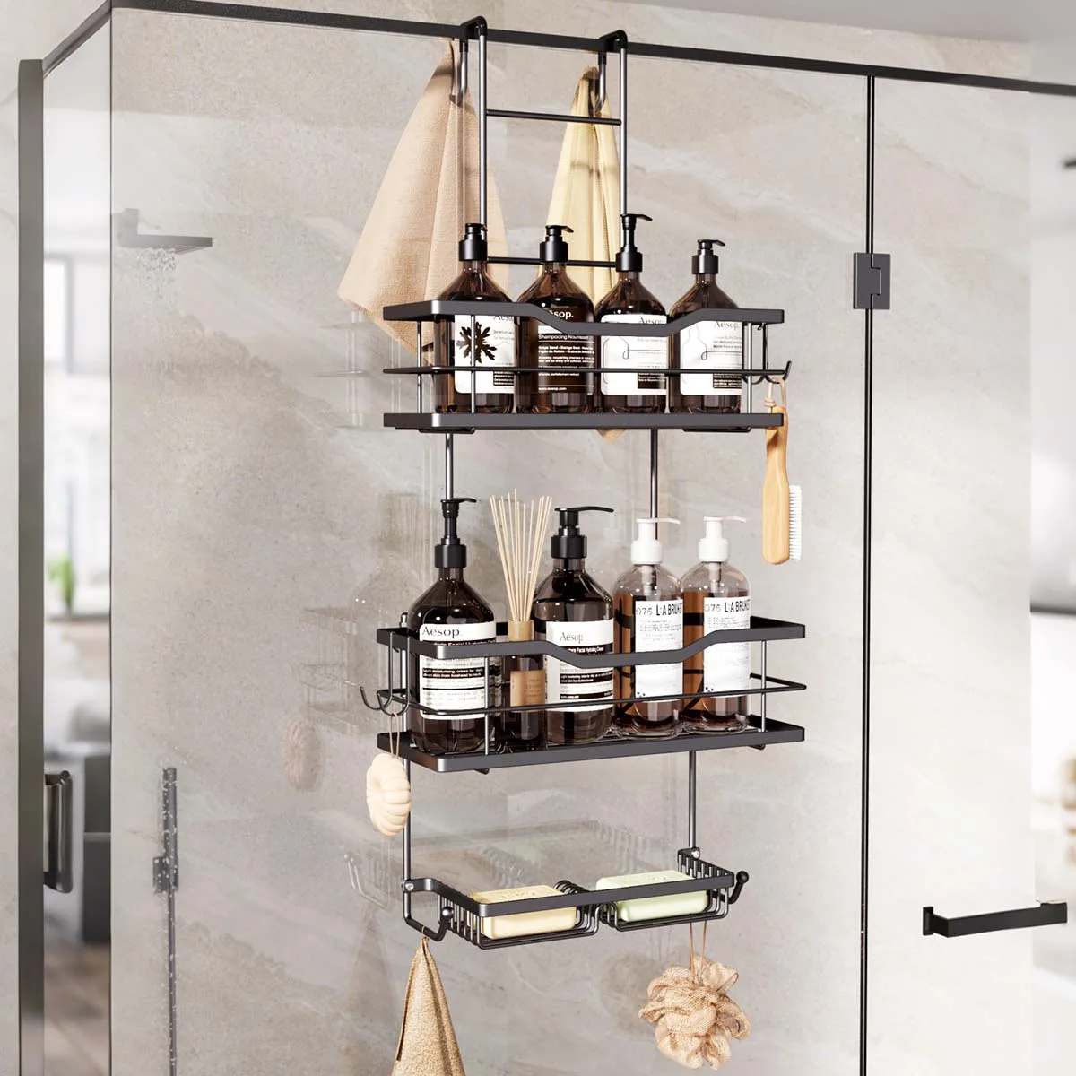 Three Layered Hanging Basket Storage Rack With 6 Hooks No Drilling Shower Shelf For Bathroom