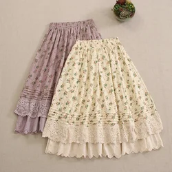 Summer Sweet Mori Girl Vintage Floral Print Embroidered Cotton Skirt Women Elastic Waist Double Layer Casual A-line Skirts