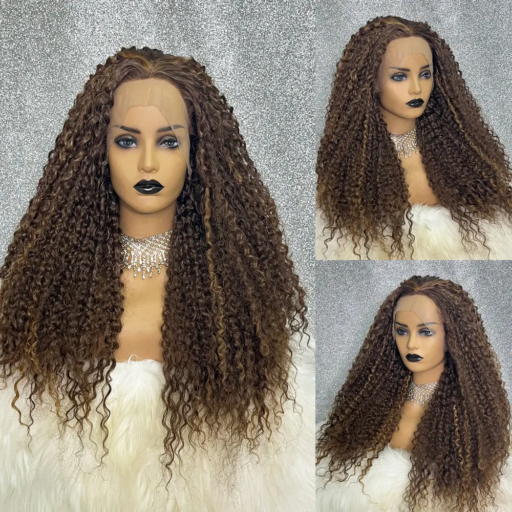 

Highlight Brown Colored 28 Inch 13x3.5 Synthetic Lace Front Wig Kinky Curly Glueless Pre Plucked Cosplay Wigs For Women 180 Dens