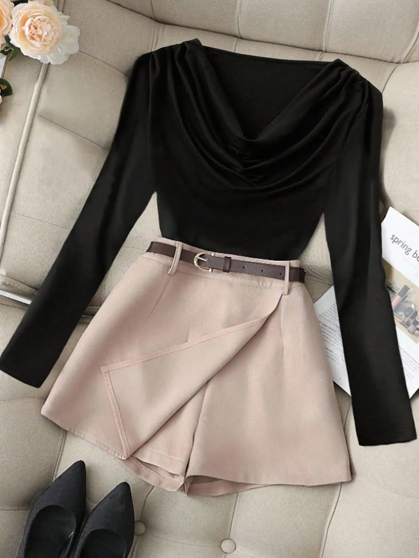 

Women's Black Draped Neck Long Sleeve Top & Beige Asymmetrical Mini Skirt Set