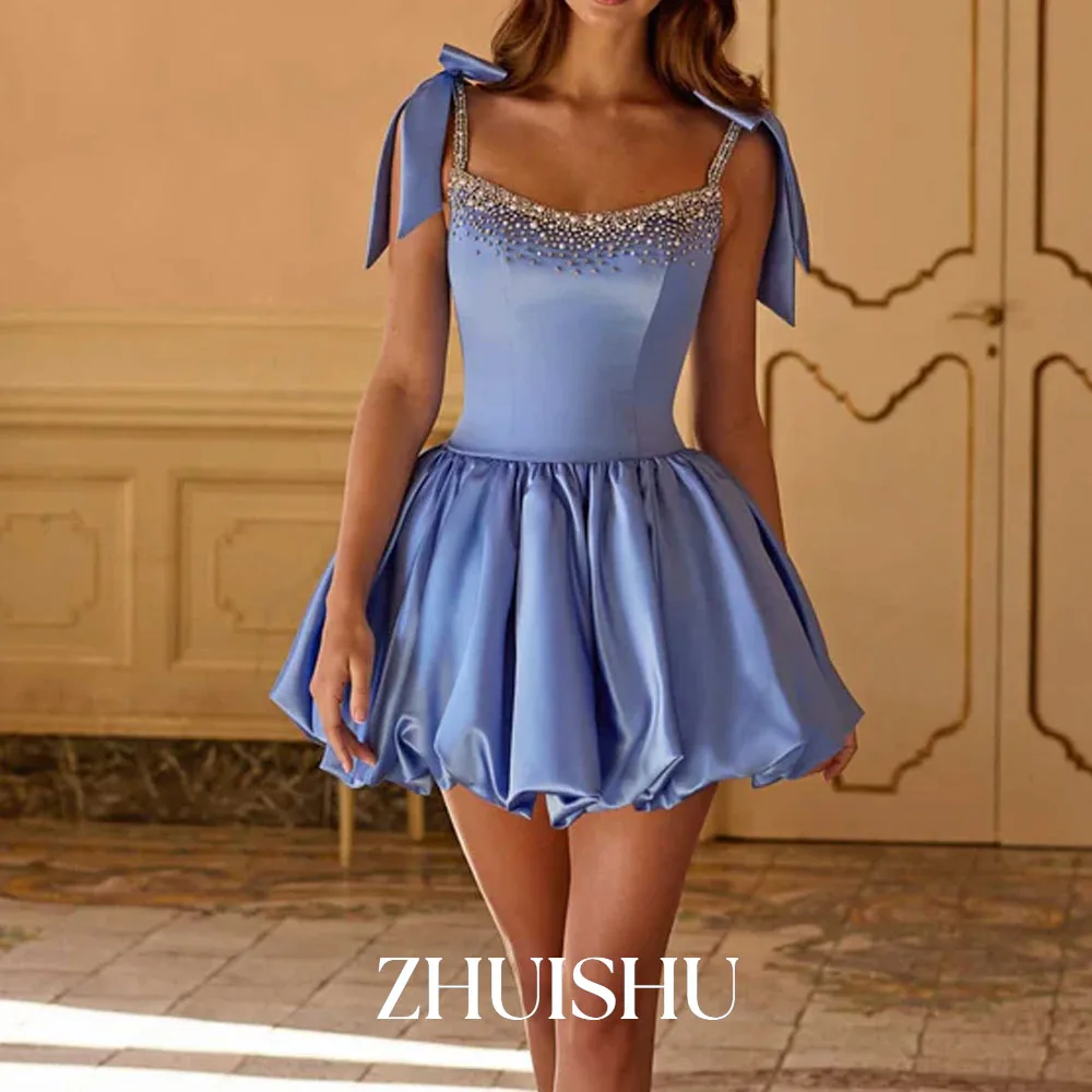 

ZHUISHU Luxury Beading Short Prom Dresses Spaghetti Straps Bow Mini Party Dresses Customized Blue Girls' Homecoming Dresses