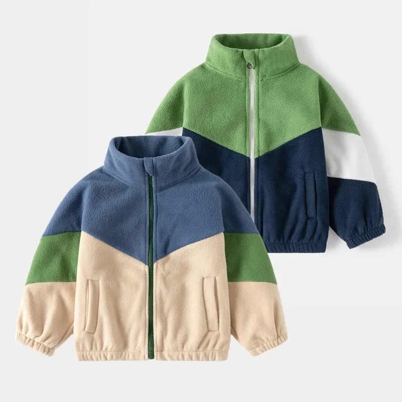 

Children's Clothing 2024 Autumn, Children's Fleece Jacket, Boys' and Babies' Color Blocked Casual Top Coat Winter Jacket