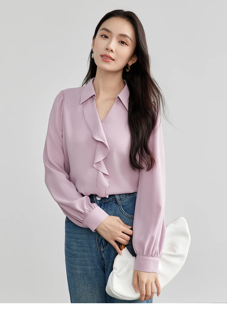 SENTUBILA Französisch Stil Frauen Bluse Frühling 2025, Neue Gerade Chiffon Solide Rüschen V-ausschnitt Elegante Weibliche Shirts 151V57659