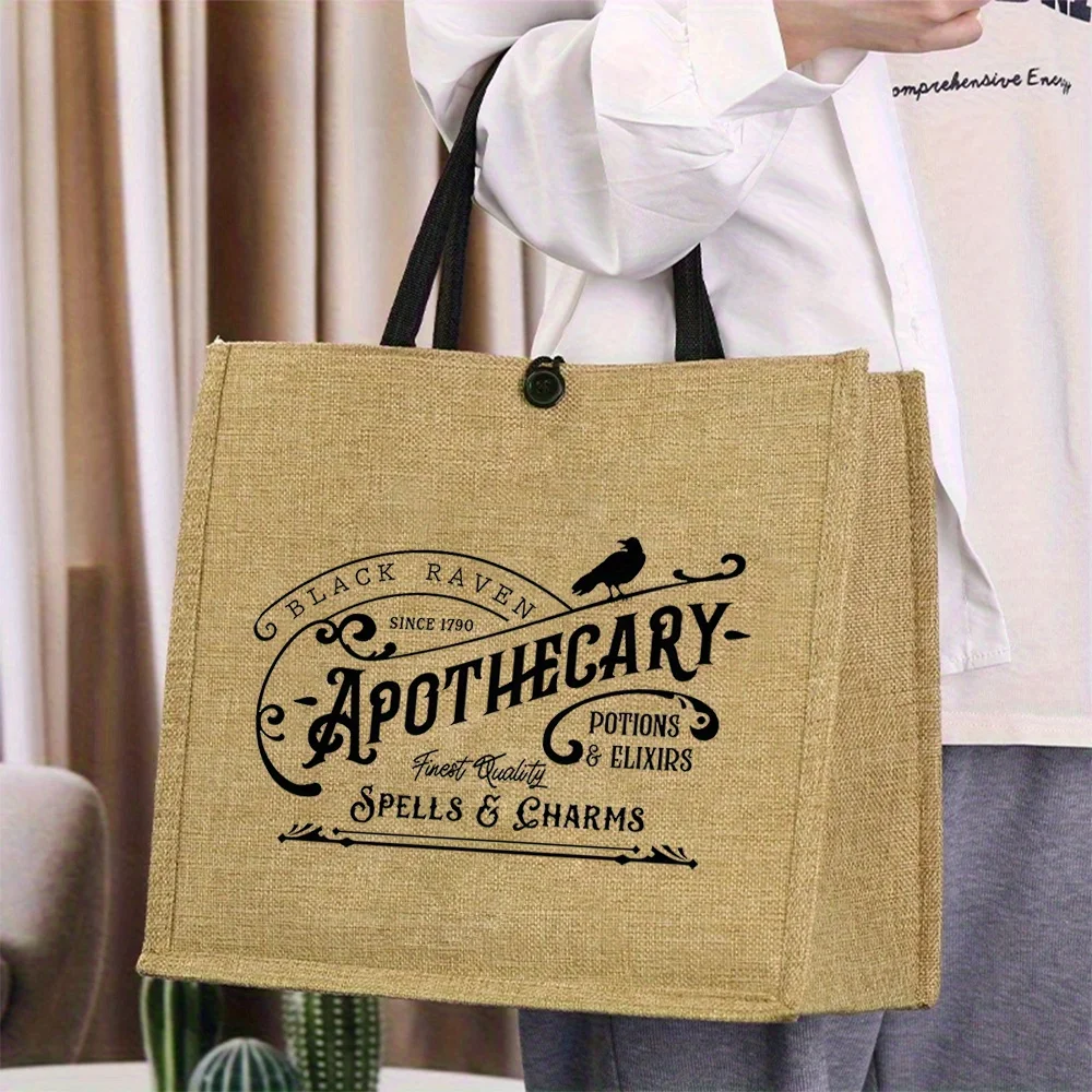 

Linen Tote Bag with Apothecary Design Natural Jute Reusable Grocery Bag Handbag with Button Closure for Beach Shopping for Women