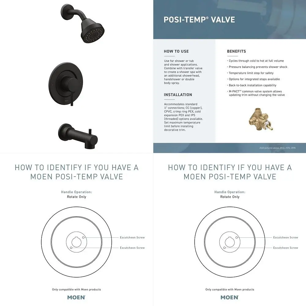 

Align Matte Black PosiTemp Pressure Balancing Modern Tub and Shower Trim Kit, Featuring Shower Head, Lever Handle, and Tub Spou