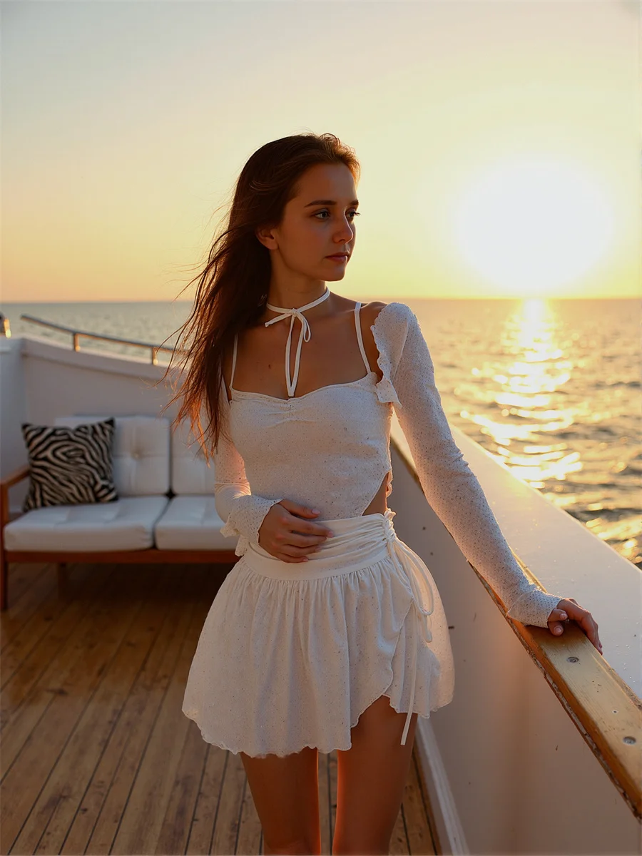 

Shirring Solid Mini Skirts Womens All-match Patchwork Pleated Ruffle Hem Artistic Comfortable College Vintage Chic Simple Summer