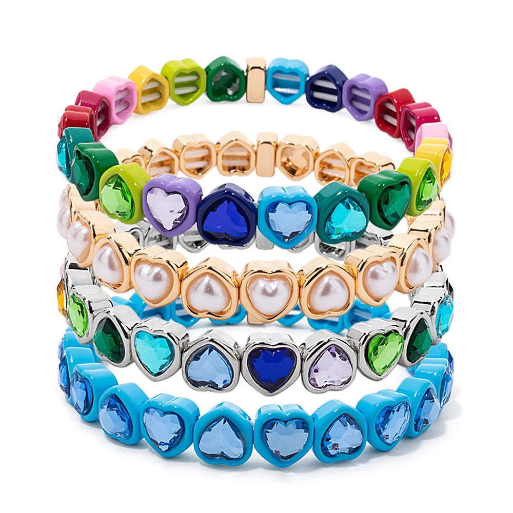 New Colorful Rhinestone Heart Girl Bracelets Crystal Beads Enamel Women Bangle 2024 Fashion Jewelry