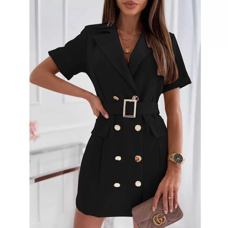 Ladies' summer fashion waist cinched double breasted short sleeved suit collar dress women's V-neck button belt with belt solid