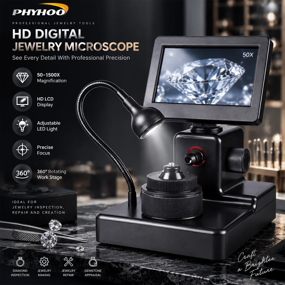 PHYHOO Digital Jewelry Microscope HD LCD Display 50X 1500X Magnification LED Light Gemstone Inspection Repair Tool Professionals