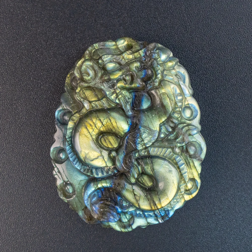

Natural Labradorite Pendants 50X40X8mm Yellow Blue Flash 1PCS Dragon Carved Cabs for Jewelry Making DIY Necklaces Crafts
