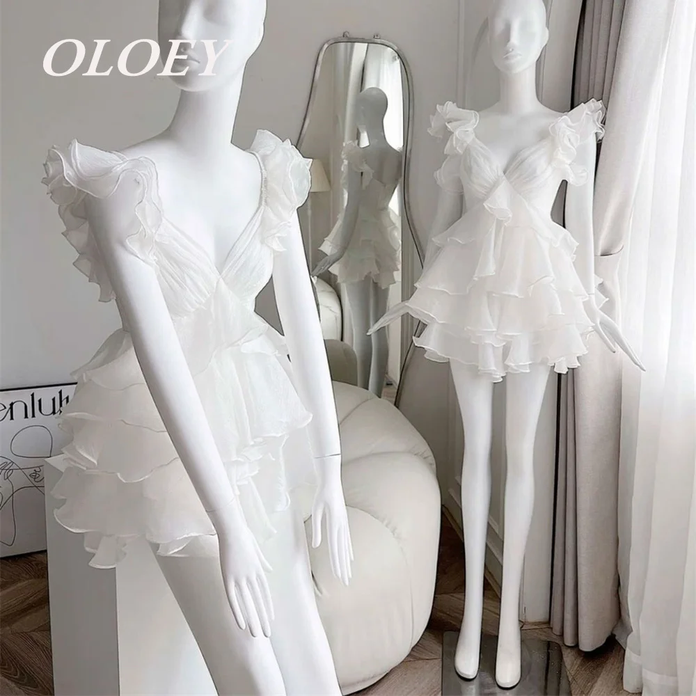 

OLOEY Sexy V-Neck Short Prom Cocktail Dresses Ruffles Organza Layered Mini Wedding Party Gowns for Woman Customized Sleeveless