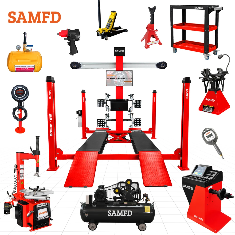 SAMFD  Full Set  4 Post Car Lifts Tire Changer Combo Scissor Lift Car 4 Columns Car Lifter for Workshop with Secondary Jack