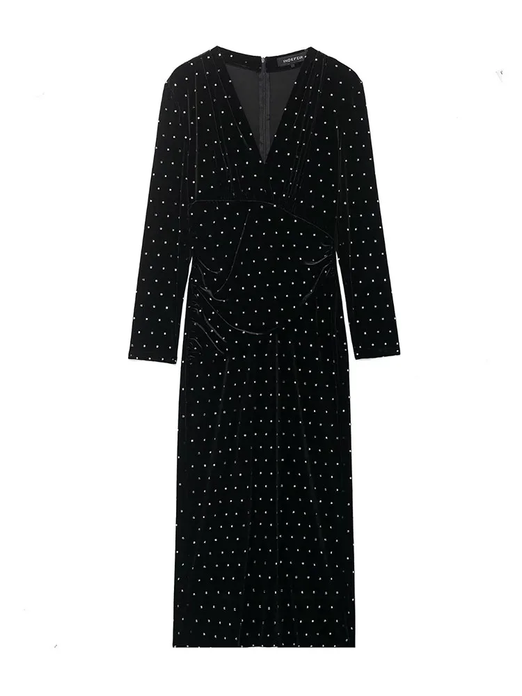 

HH женское элегантное тонкое бархатное платье миди с v-образным вырезом и бисером, женское модное платье с разрезом по подолу и длинными рукавами Mujer