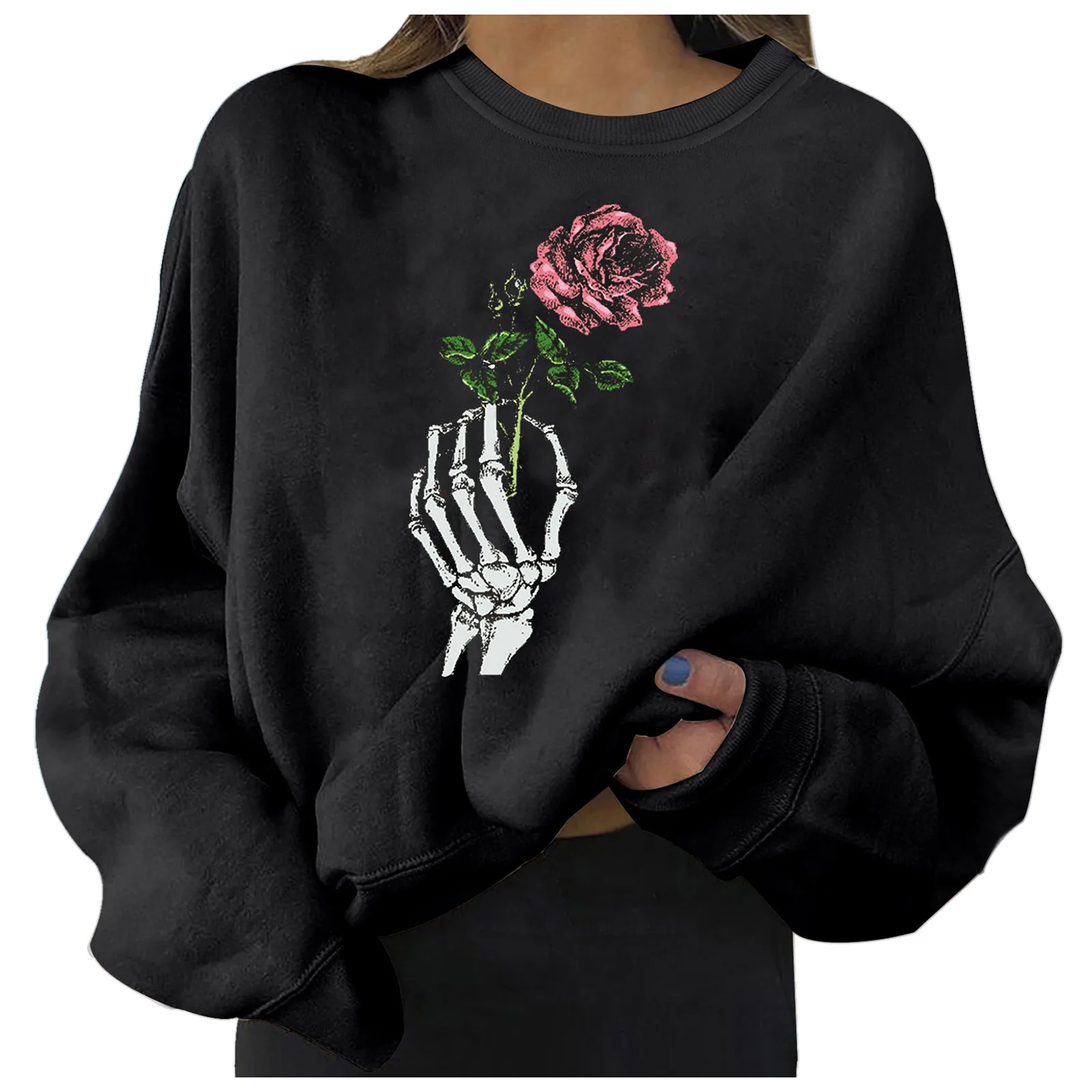 Sudadera con capucha de gran tamaño para mujer, sudadera con estampado de manos de esqueleto y rosas, sin capucha, cuello redondo, manga larga, sudaderas con capucha para Halloween, Jersey deportivo