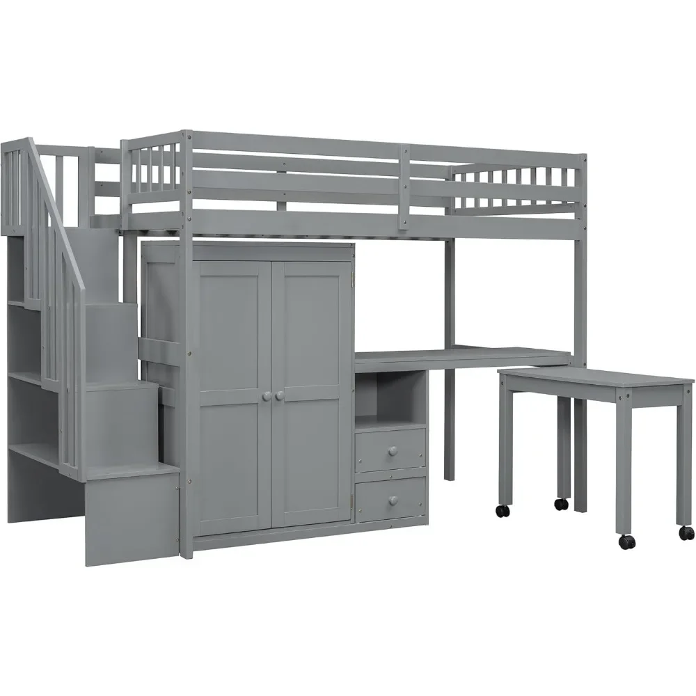 

Space-Saving Multifunctional Furniture, Twin Size Loft Bed with Stairs and Bookshelf, Wood Twin Storage Bed with Desk & Wardrobe