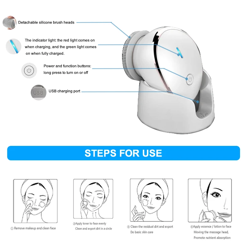 แปรงทำความสะอาดผิวหน้าแบบใช้ความร้อน 2in1 แปรงทำความสะอาดรูขุมขนด้วยคลื่นเสียงซิลิโคน พร้อมเครื่องนวดหน้าแบบใช้ความร้อน ชาร์จซ้ำได้