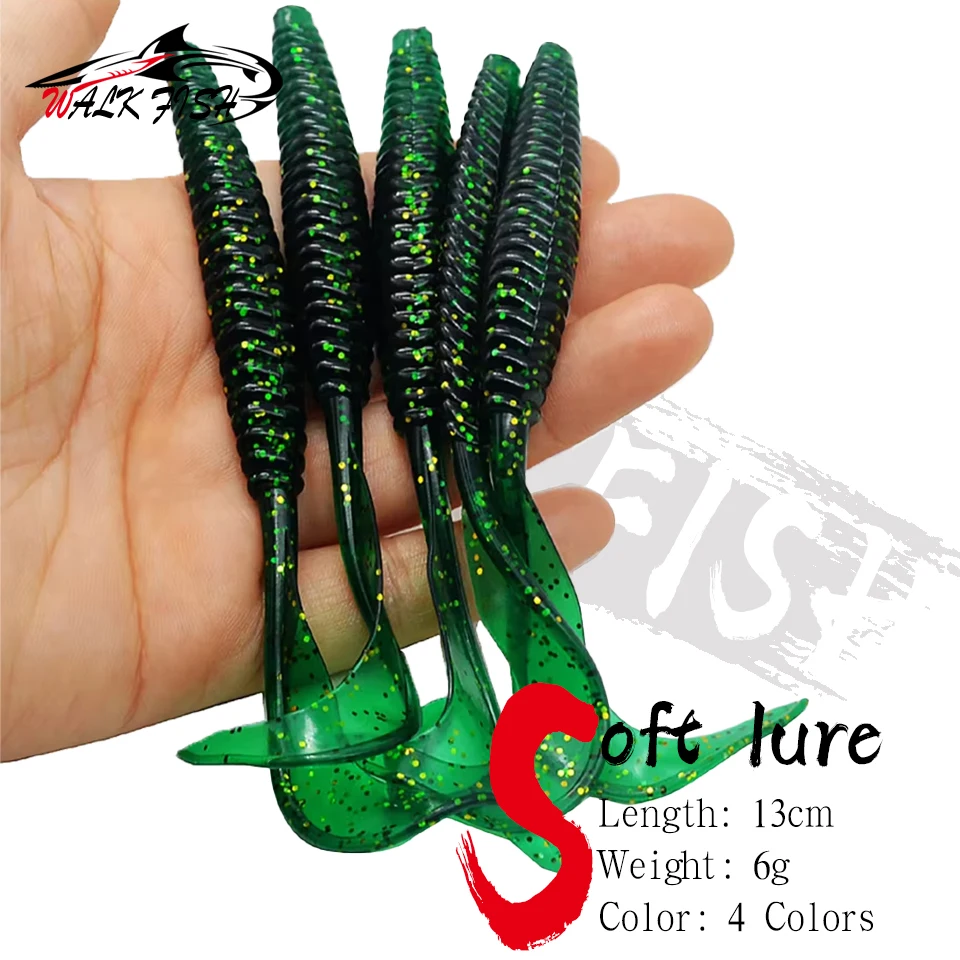 WALK FISH 5PCS 13cm 6g Soft Bait Long Tail Fishing Lure Long Roll Tail Thread Maggot Fake Bait Fishing Gear Artificial Bait Bass