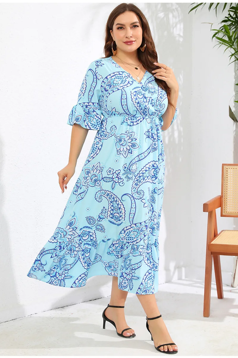 Rozkloszowany rękaw Plus Size sukienki z dekoltem w szpic kobiety z nadrukiem wakacyjna sukienka plażowa biurowa elegancka moda Casual wiosenna lato