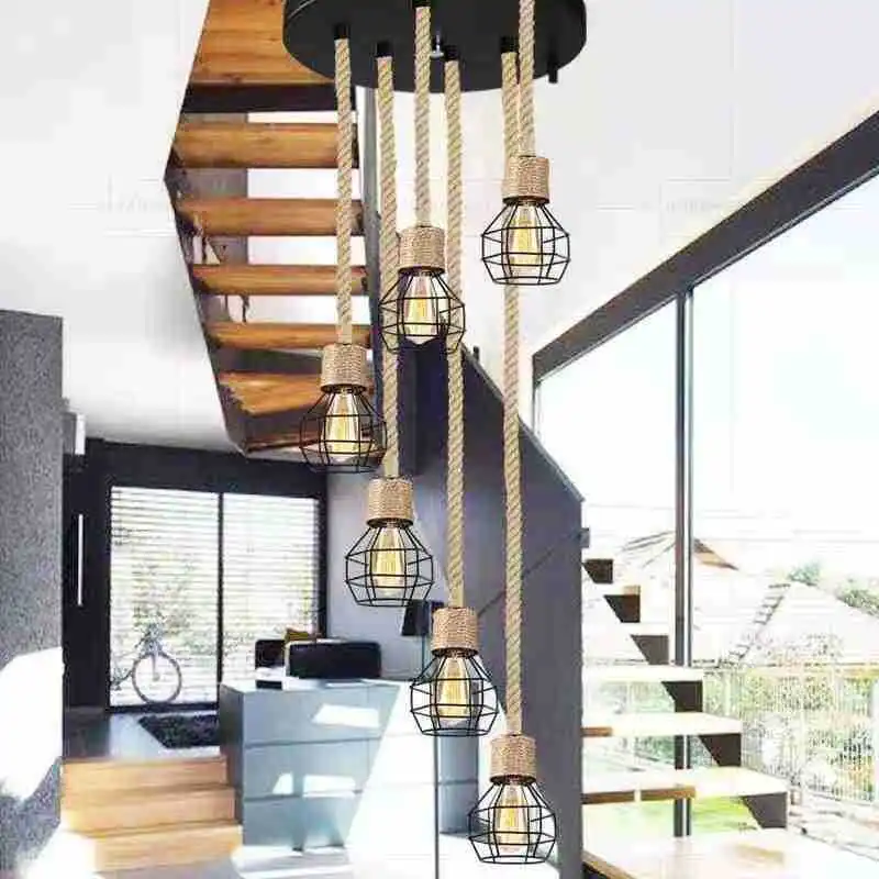 

American Retro Multi Head Pendant Light Industrial Hemp Rope Headlight Clothing Living Room Restaurant Bar Coffee Droplight