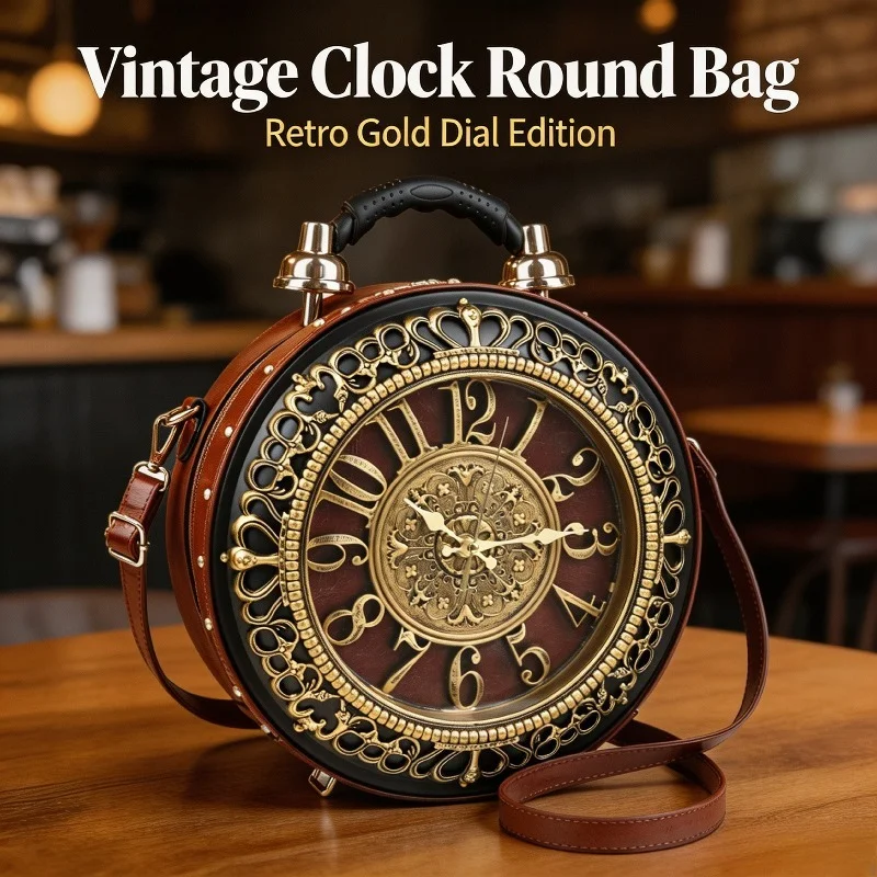 Women Vintage Clock Design Round Handbag Retro Ornate Metal Frame Top Handle Detachable Strap Crossbody Party Purse