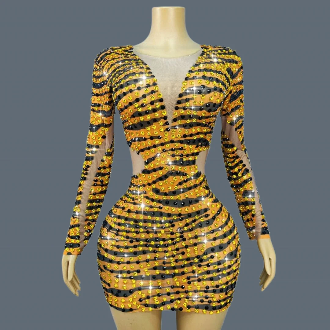 

Tiger Print Sheer Mesh Mini Dress Sparkly Rhinestone Long Sleeve Bodycon Party Event Gown Nightclub Performance Dress Huxianfeng