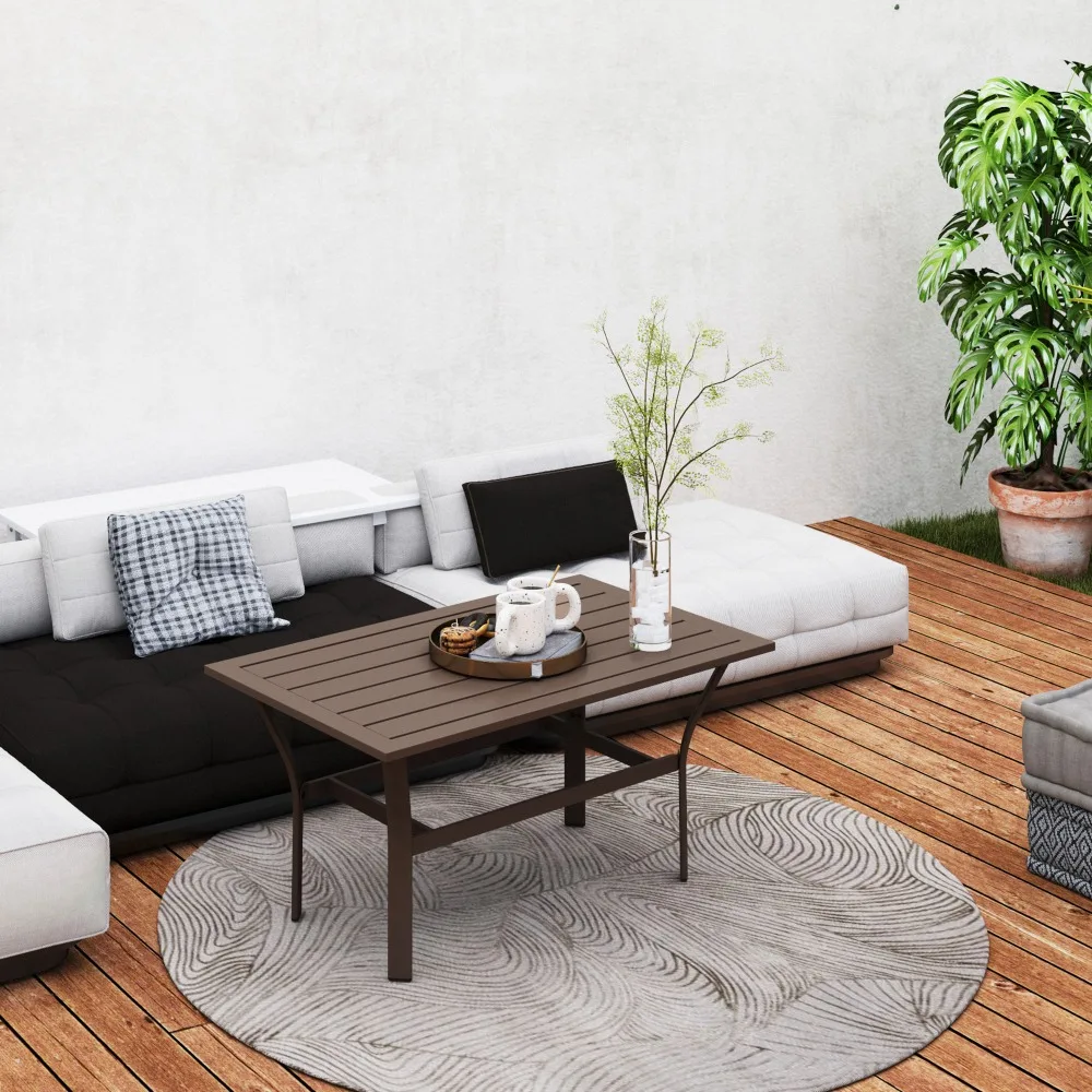 

Outdoor Coffee Table, All-Weather Rectangle Metal Patio Coffee Table with Slatted Tabletop for Outside, Patio, Garden