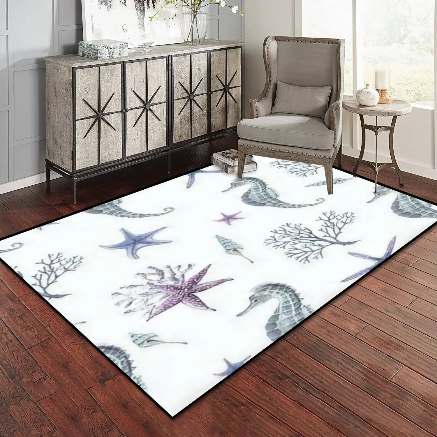 Seahorse Area Rug Coastal Seaside Seahorse Starfish Coral Shell Pattern Nautical Beach Themed Map Carpet for Living Room Kitchen