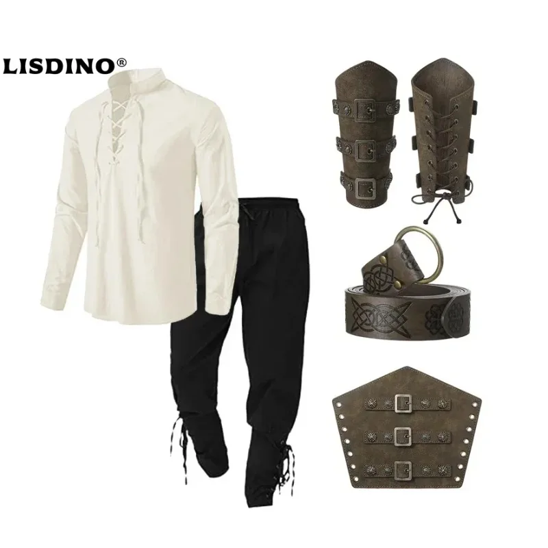 

14 Pcs Men's Renaissance Costume Halloween Set Medieval Pirate Shirt Ankle Banded Pants Viking Belt Accessories