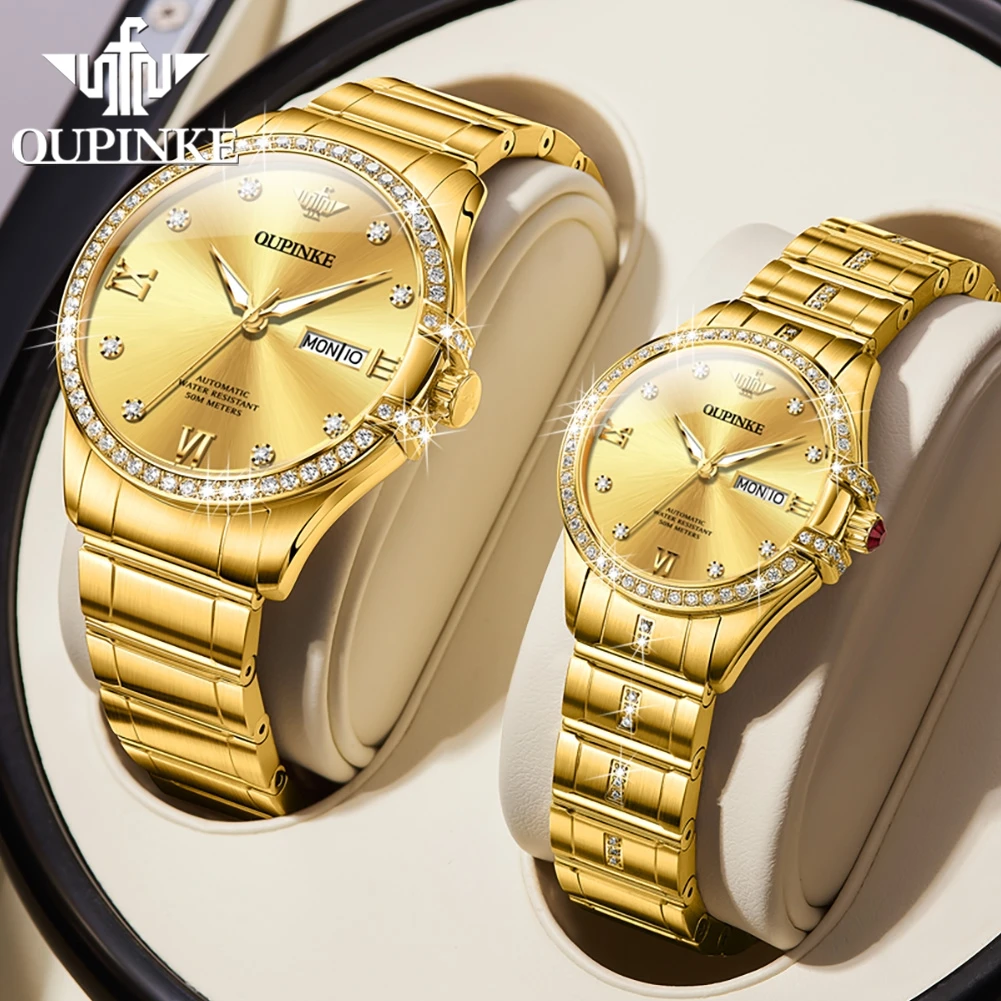 OUPINKE Couple Watches Fine Steel Luxury Fashion Top Brand Original Automatic Mechanical Wristwatch Sapphire Glass Date Week New
