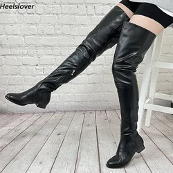 Ahhlsion New Women Winter Thigh Boots Faux Leather Zipper Flat Heels Round Toe Black Leisure Shoes Ladies US Size 5-20