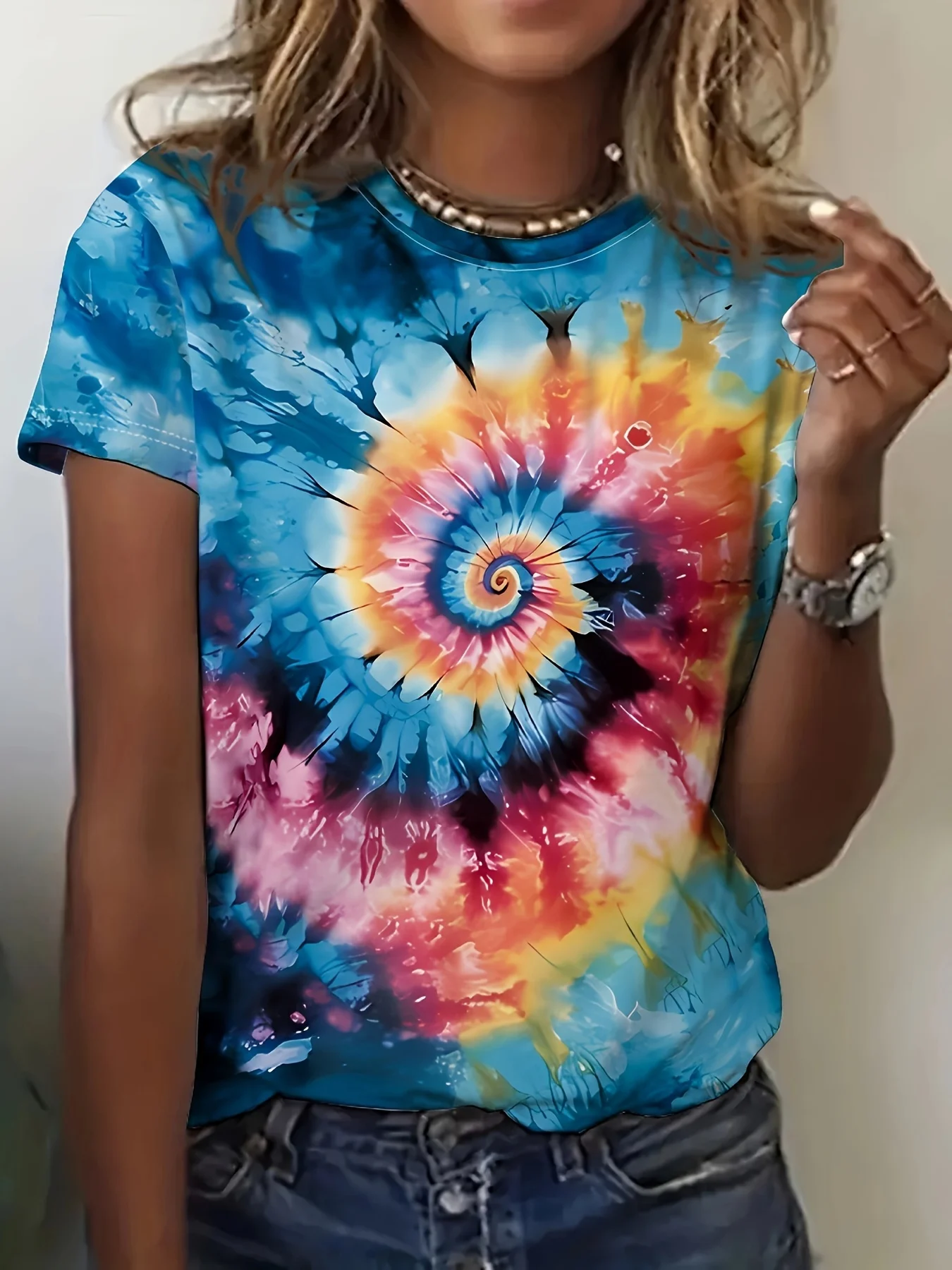 Women Crew Neck T-shirt Rainbow Spiral Tie Dye Print Multicolor Short Sleeve Hippie Style Casual Street Summer Top